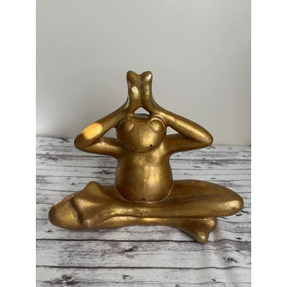 Pier 1 Gold Yoga Frog Statue Figure Zen 10x11” Heavy Garden Decor